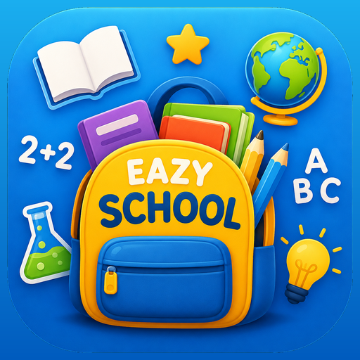 Eazy School app icon with books, school subjects and a backpack